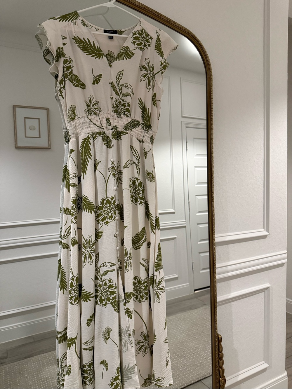 Like New Haver White Maxi Dress with Olive Green Floral Print – Smocked Waist M